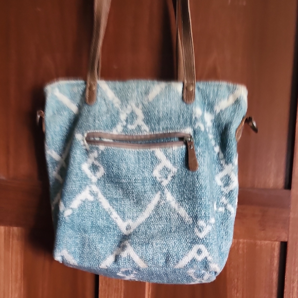 Myra Bag Blue and Brown Geometric Tote - Picture 3 of 4